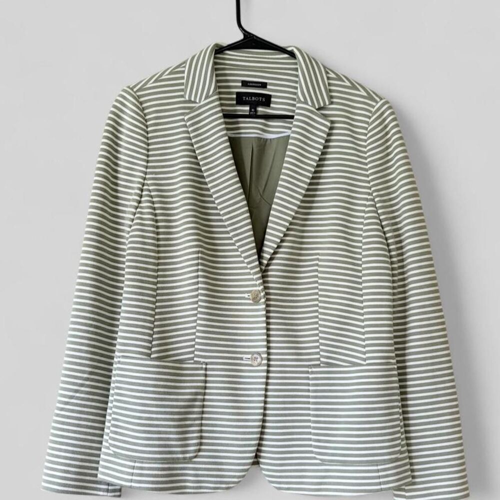 Talbots Aberdeen sage green and cream striped knit blazer, size 10.